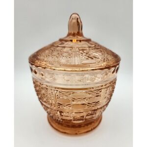 Vintage‎ Pink Depression Glass Candy Dish With Lid Diamond Point Retro